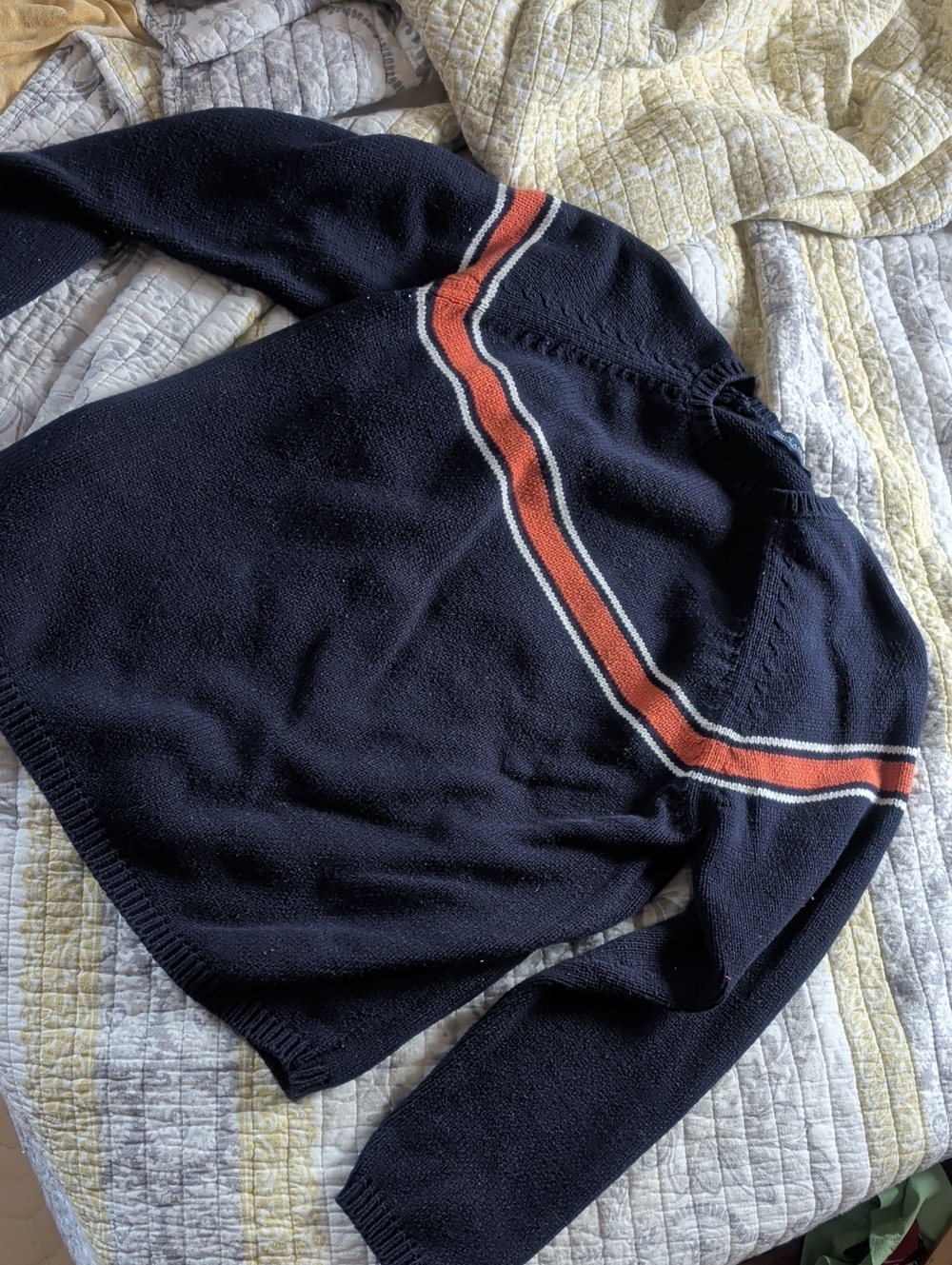John Ashford Men's Navy Crewneck Sweater with Orange Stripe
